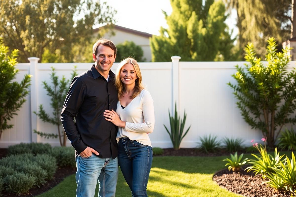 Happy California couple enjoying their newly fenced backyard